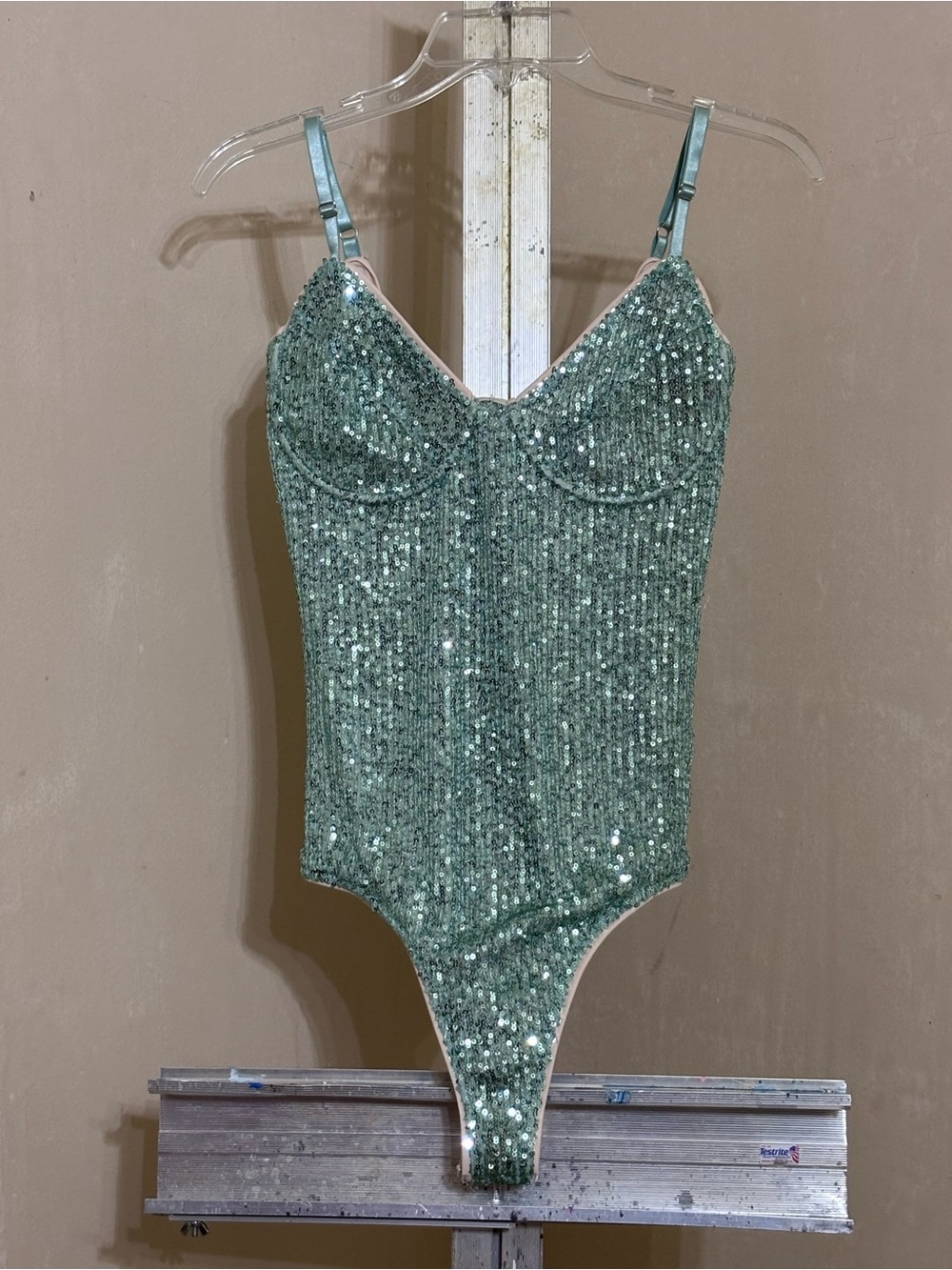Lulus "Behind the Sequins" Mint Green Bustier Bodysuit Sz Small